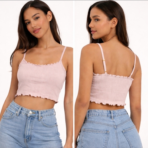 Gilly Hicks Tops - Gilly Hicks Ribbed Crop Cami Bralette Pale Pink Lettuce Edge S